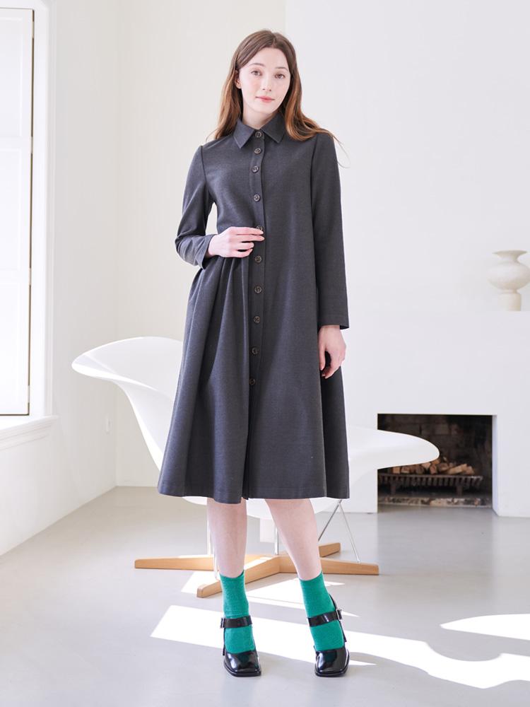 LBYL Wool Gray Simple Collar Pintuck Dress