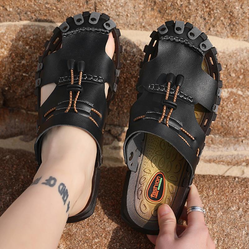 2025 Summer Outwear Non-slip Men's Sandals Casual Dual-use Beach Shoes Slippers Male Solid Color Leather Sandals Man