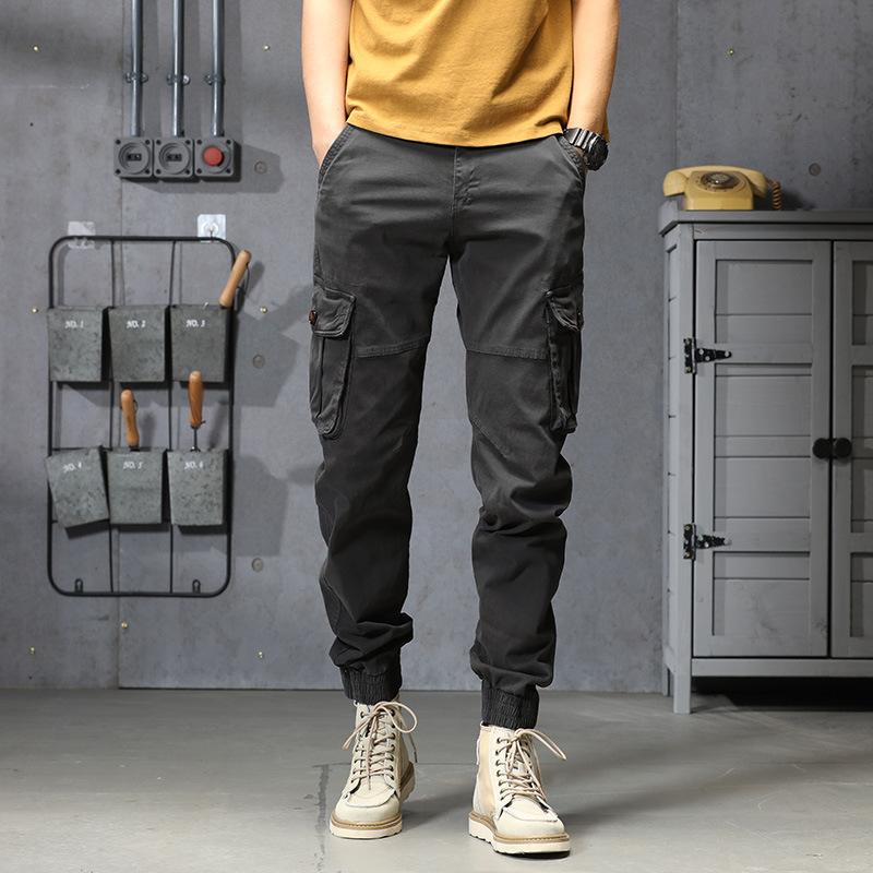 Men's new outdoor American fashion retro tied feet multi-pocket overalls versatile elastic