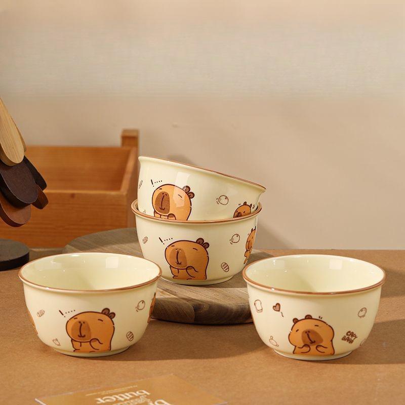 4 Set Cute Capybara Ceramic Bowl Kawaii Ceramic Anti-scald Soup Bowl Home Kitchen Noodle Ramen Tableware Bowl