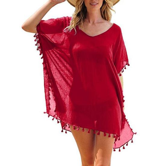 Summer Fashion Solid Color Tassel Chiffon Women Swimwear Bikini Cover Up Dress