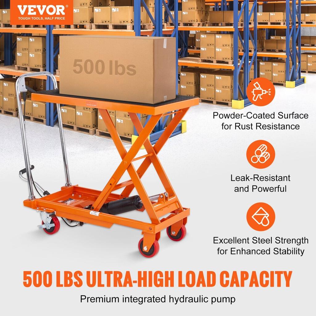 Hydraulic Lift Table Cart, 500lbs Capacity 28.5" Lifting Height, Manual Single Scissor Lift Table with 4 Wheels and Non-slip Pad, Hydraulic Scissor