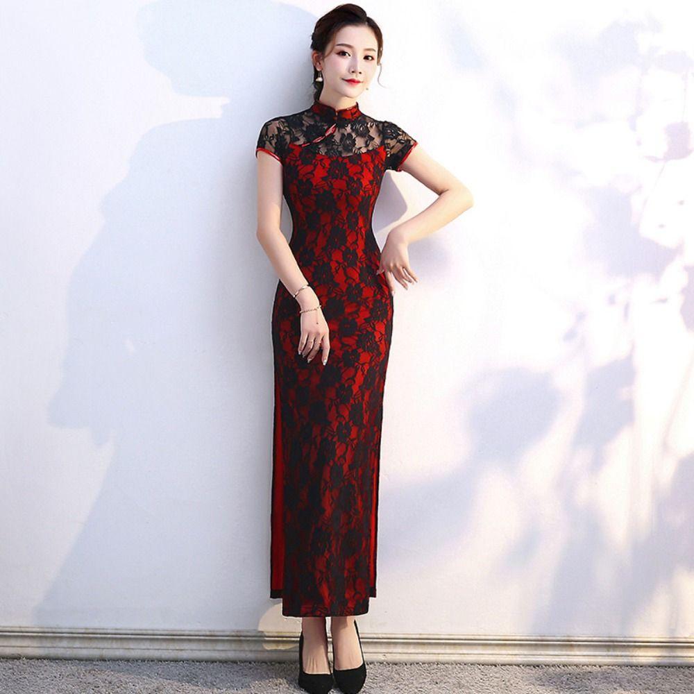 Vintage Chinese Cheongsam Retro Lace Traditional Qipao Lace Vintage Dress Lace Cheongsam  New Year