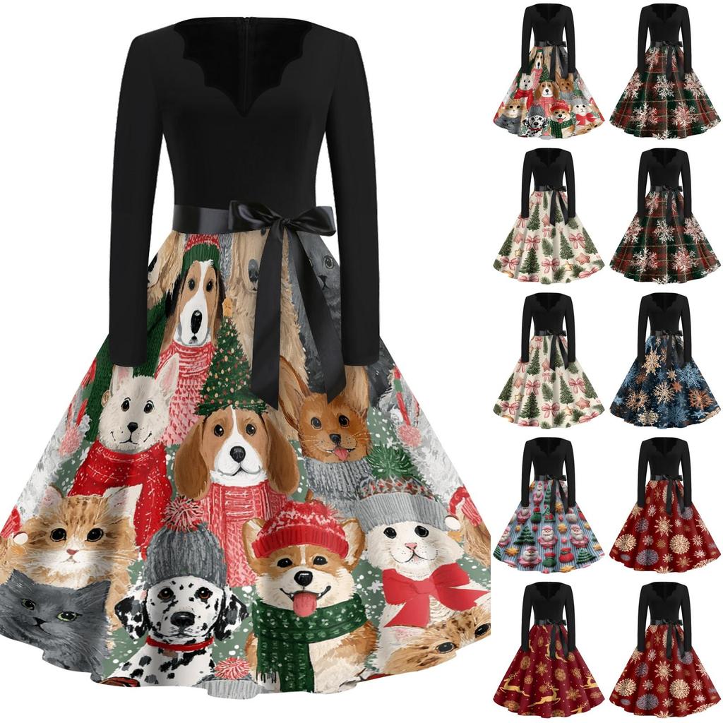 Women's Vintage V-Neck Long Sleeve Christmas Print Casual Dress