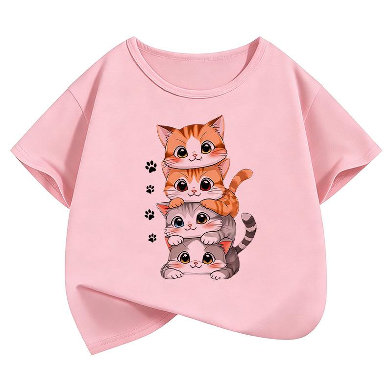 

Cat Kids Tshirts Summer Short Sleeve Tees Cartoon Animal Boys Girls ClothesChildren T-shirt 150cm рожевий