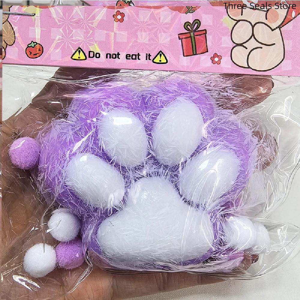 Squeeze Cat's Paw with Fur Stress Relief Squishy Fidget Toy Mini Kawaii Plush Silicone Sticky Decompressing Pinching Cat Foot