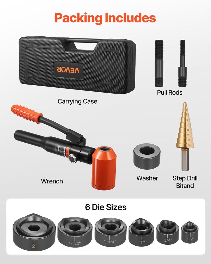 Knockout Punch Set, 98.07 kN Hydraulic Knockout Set, 12.7 To 50.8mm KO Tool Kit Hole Making Tool, KO Tools Kit W/6 Dies for Metal Electrical Cabinets,