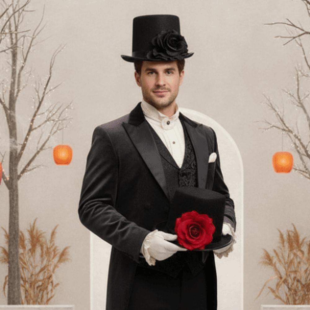 Vibrant Red Rose Gentleman Cap Artificial Rose Magician Fedora Headwear Gothic Lovers