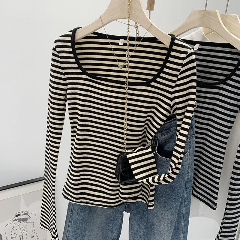 

Temperament square neck long-sleeved T-shirt women s spring contrasting striped top niche flared sleeve versatile bottoming shirt XL абрикосовый