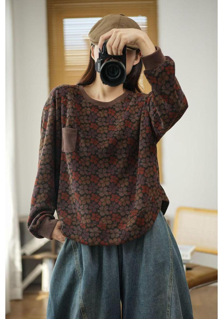 2026 Spring Artistic Printed Round Neck Loose Casual Women's Sweatshirt