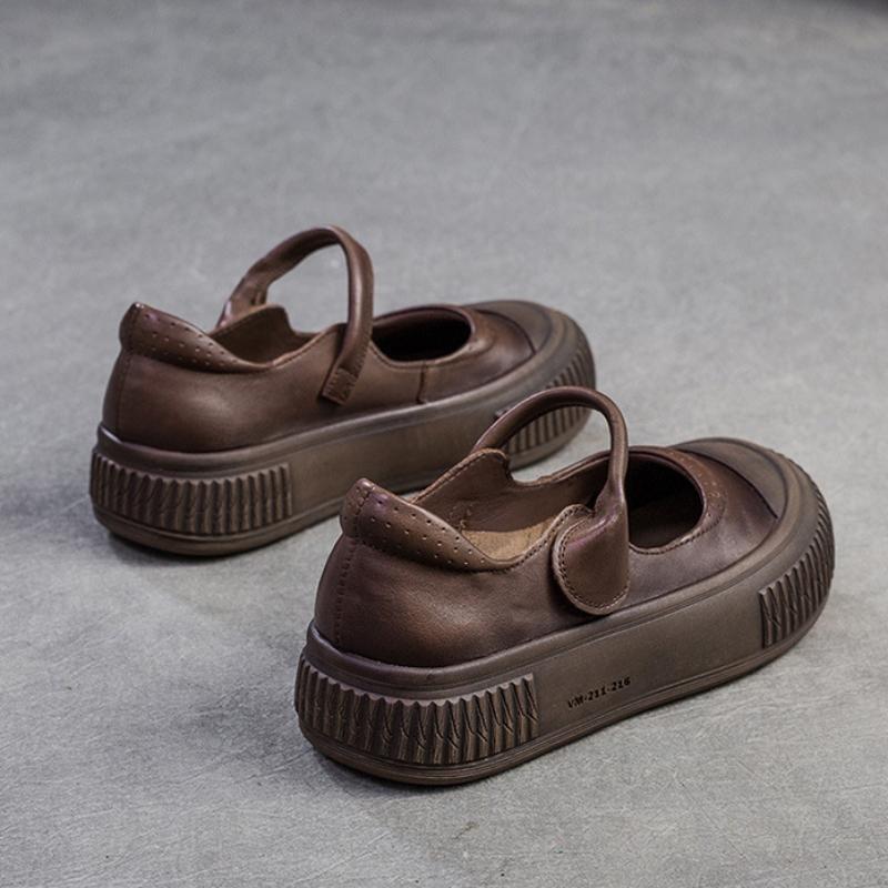 Johnature Flache, flache Schuhe im Retro-Stil aus echtem Leder, vielseitige, bequeme Damenschuhe mit dicker Sohle