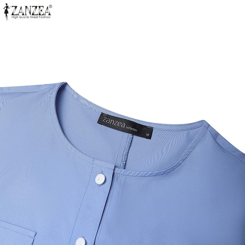 ZANZEA Women Casual Round Neck Loose Long Sleeve Pleated Long Dress