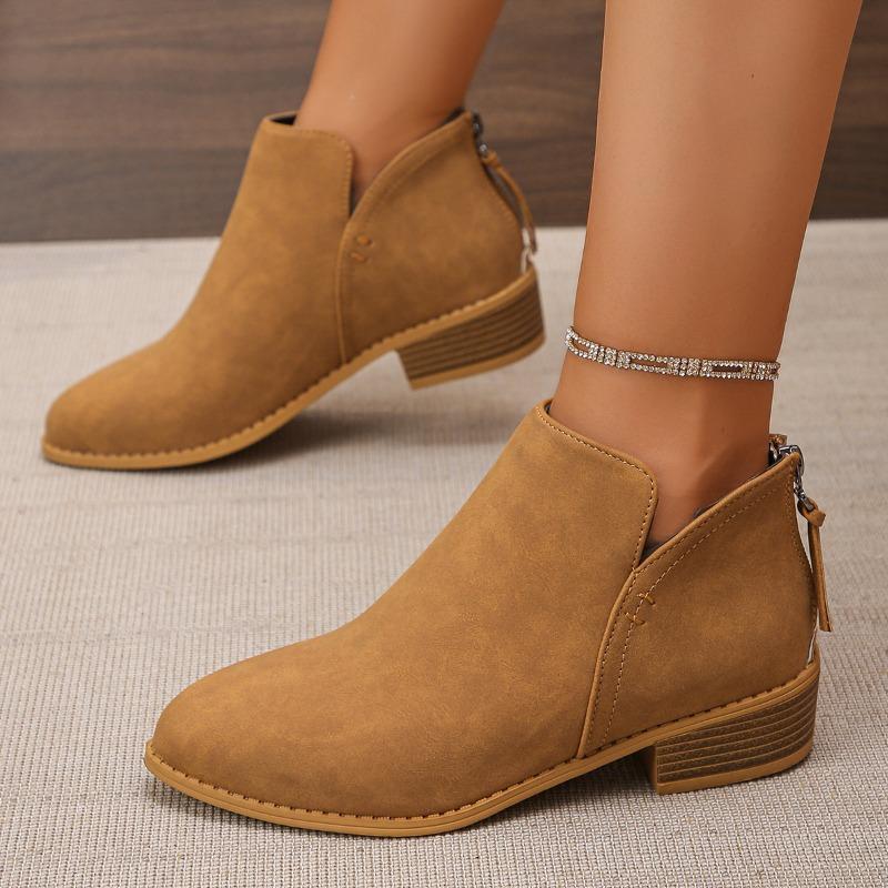Large size leather boots women's boots solid color thin pointed rear zipper casual thick sole thick heel Martin boots women's single