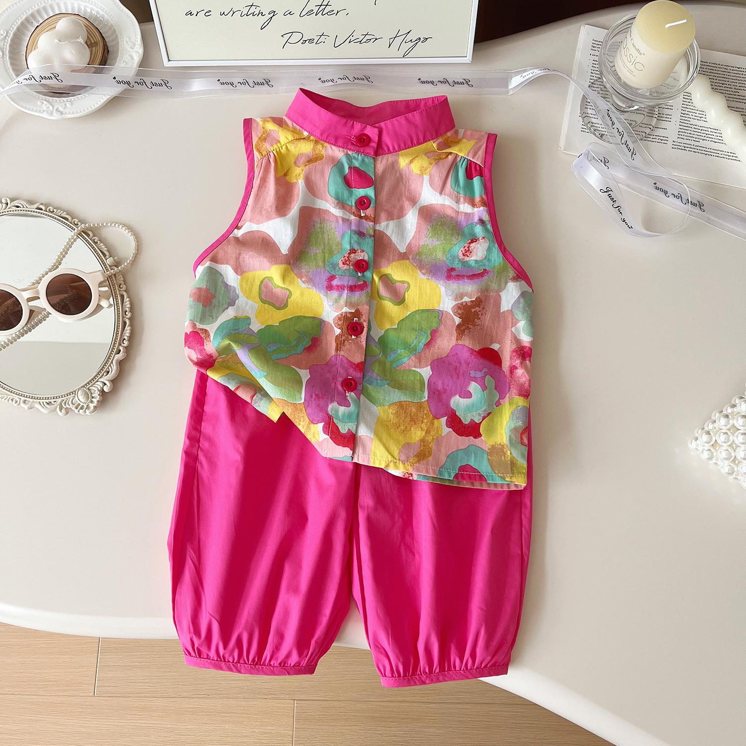 

Летний комплект для девочек, корейский костюм с принтом, без рукавов, с круглым вырезом, рубашка и брюки, повседневный комплект из двух предметов для девочек 110