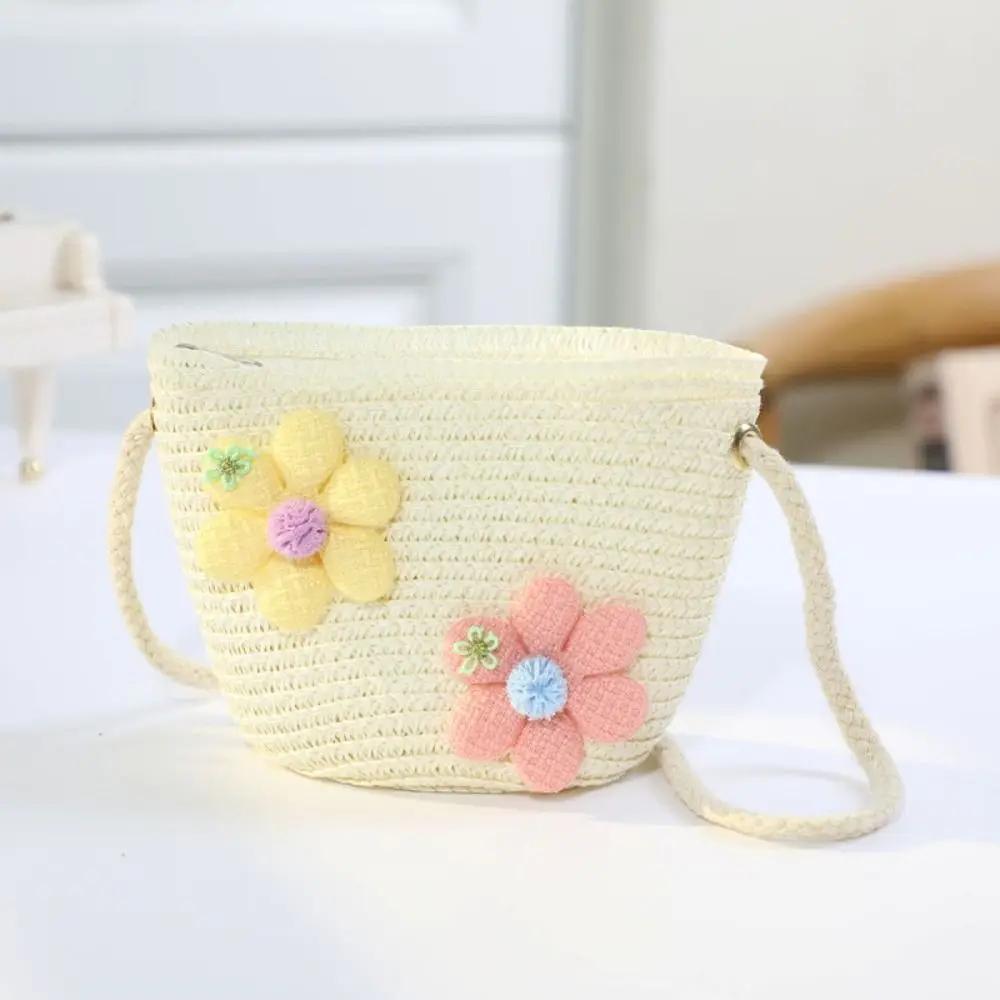 Borsa in paglia con cerniera e fiore per bambina, simpatici accessori per foto, borsa a tracolla intrecciata a mano per bambini, cestino portaoggetti, portamonete, borsa a tracolla