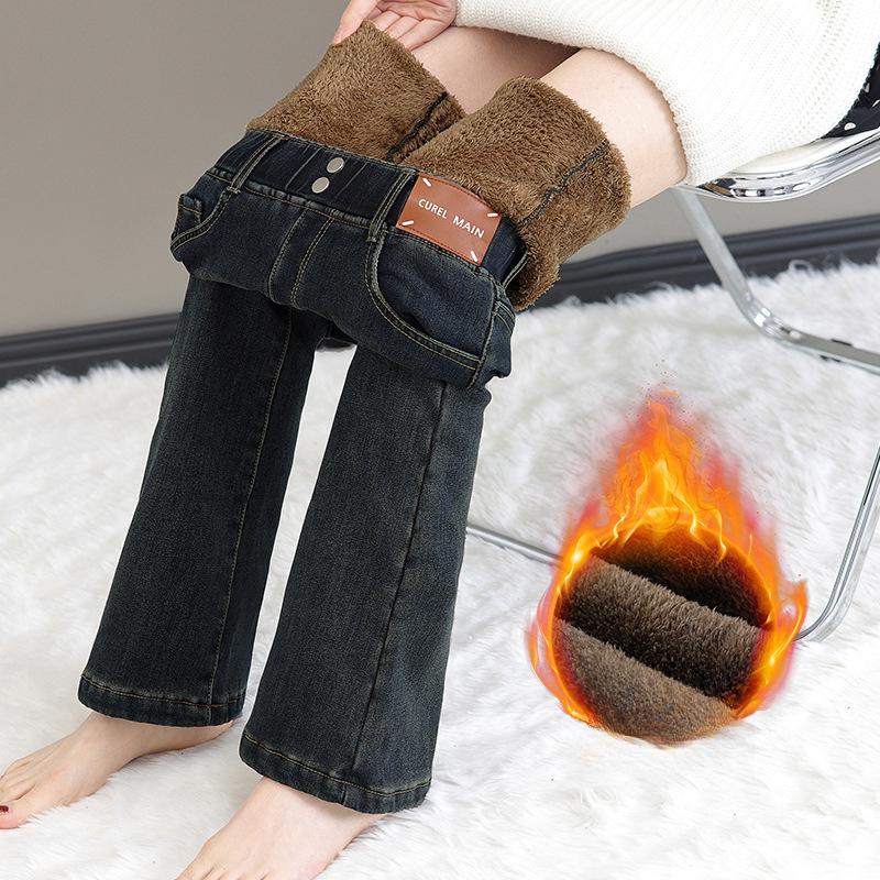 

Утолщенные джинсы из бархата для женщин, осенне-зимние, слегка расклешенные брюки с высокой талией и эластичным поясом, а также расклешенные брюки в форме подковы 29