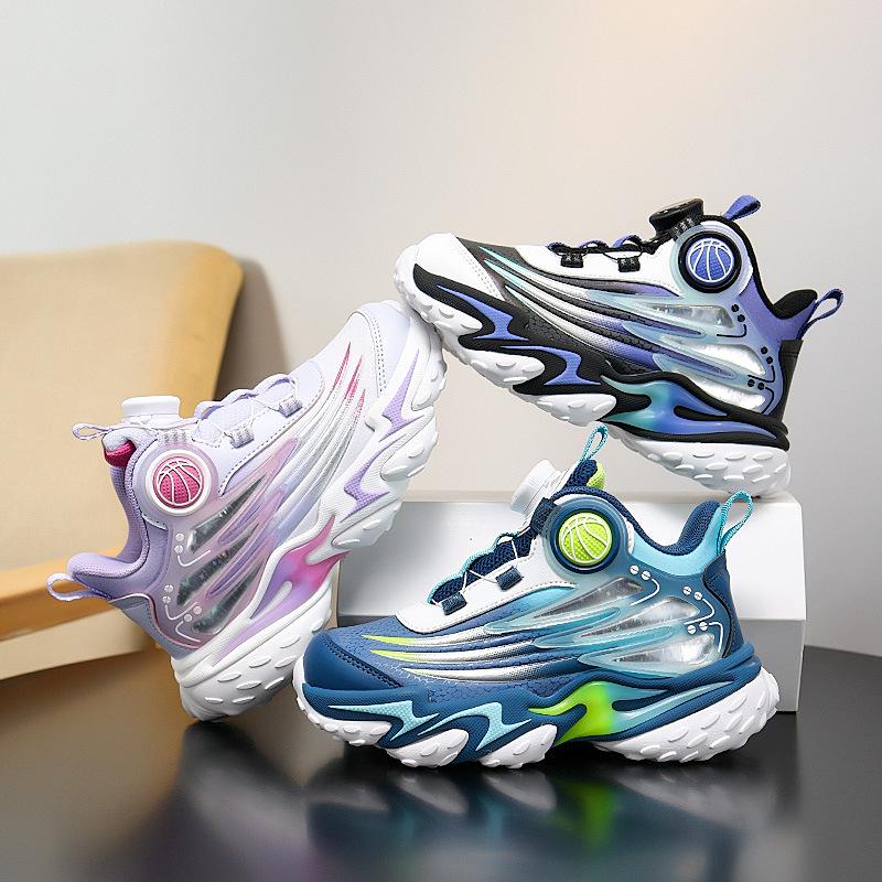 2025 non-slip outdoor leather basketball shoes platform comfortable sports shoes rotating buckle middle and large children's breathable training shoes