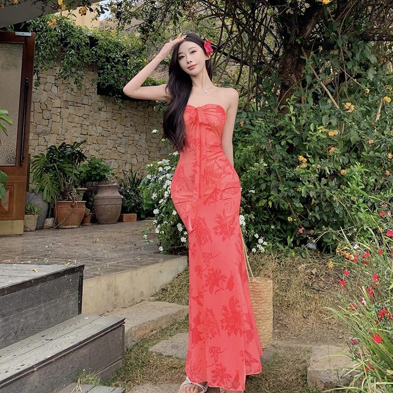 

Summer Slightly Fat French Pure Desire Print Tube Top Skirt Women s Spring and Summer Sexy Pleated Straps Holiday Dress L кавун червоний колір