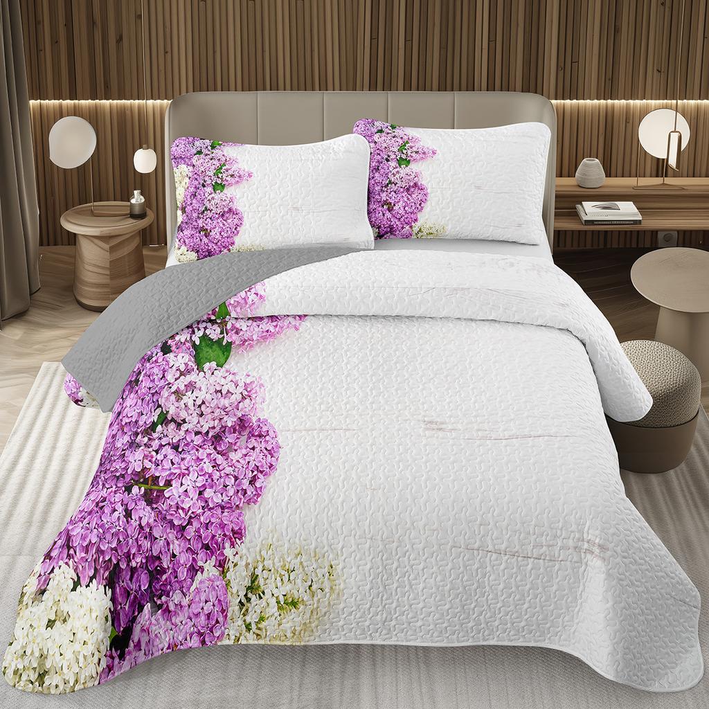 Spring Garden Flower Bedspread for Girls Teen Botanical Floral Coverlet Twin Queen Quilt Set Reversible Grey Quilted Bedding Set