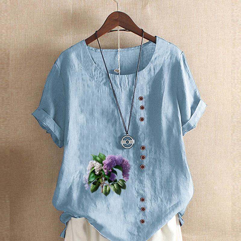 Moda feminina Lavanda Estampa Manga Curta Camiseta Solta Algodão Camisa Casual Solta Blusa de Verão Tops Plus Size