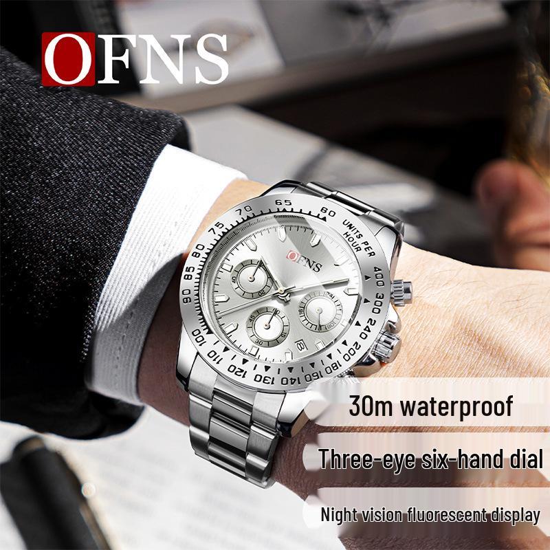 OFNS Men's Quartz Watch: Fashionable Business Design, Six-Hand Dial, Calendar, Solid Steel Band, Waterproof.