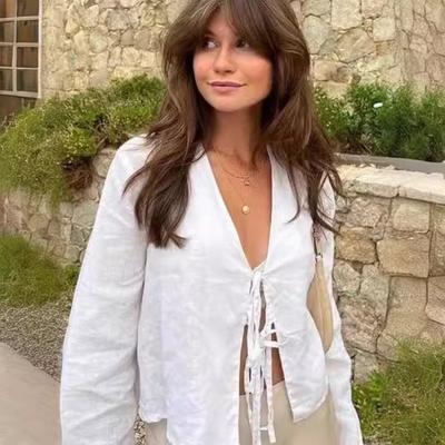 Blusa Casual de Lino y Algodón para Mujer con Escote en V Profundo y Lazo Delantero Manga Larga Primavera Verano