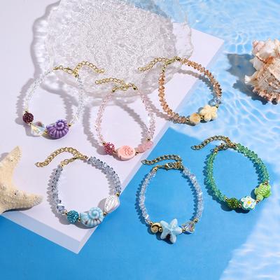 Handmade Ceramic Starfish Snail Beaded Bracelet With Sweet Crystals Accent Adjustable Length for Women Girls