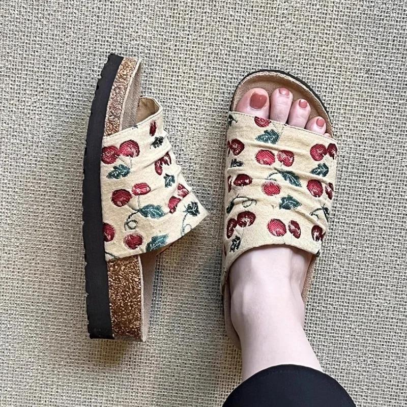 Summer Sweet Women's Embroidered Slippers New Mules Women Causal Open-toe Slip-on Shoes Versatile Ladies Flat Slippers Fashion