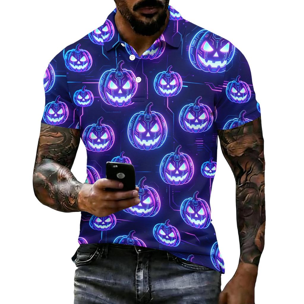 Unisex Loose Fit Casual Short Sleeve Polo Shirt with Halloween Themed Print Pullover Design for Everyday Wear