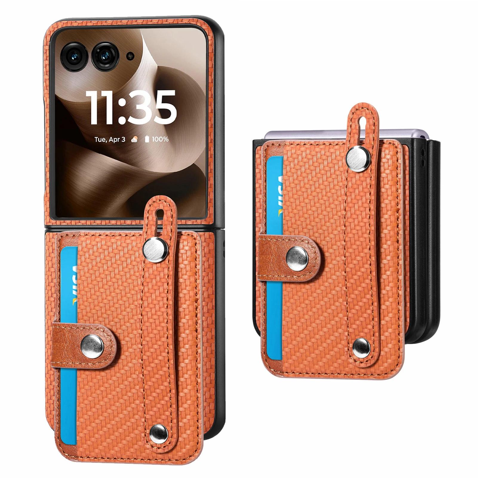 

Carbon Fiber Leather Wristband Phone Case for Motorola Razr 60 50 40 Ultra Moto Razr 60 50 40 Card Holder Wallet Cover Motorola Razr 40 Ultra коричневий