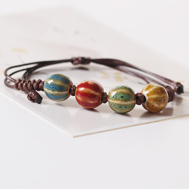 Ethnic Style Ceramic Beaded Dainty Bracelets Bangle Handmade Wax Rope Bracelets