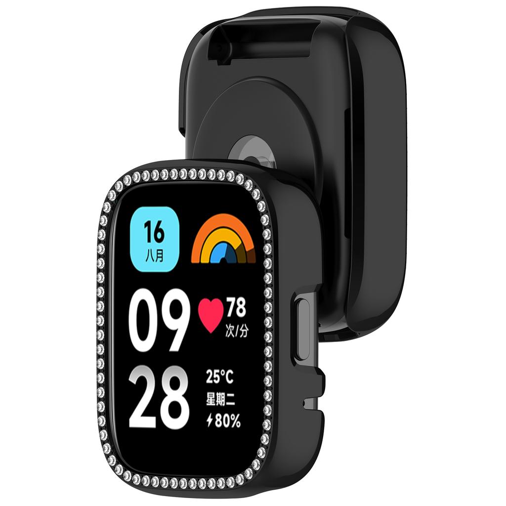 For Xiaomi Redmi Watch 3 Active/Watch 3 Lite Watch Case Rhinestone Decor Hollow Design Electroplating PC Watch Cover