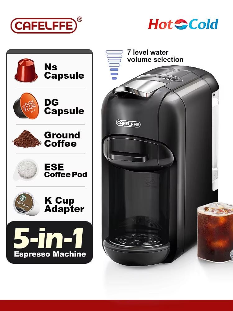 New Cafelffe 5 in 1 Multiple Capsule Coffee Machine Hot/Cold DG Cappuccino Nespresso Capsule ESE Pod Ground Coffee Cafeteria 19Bar,MK-606