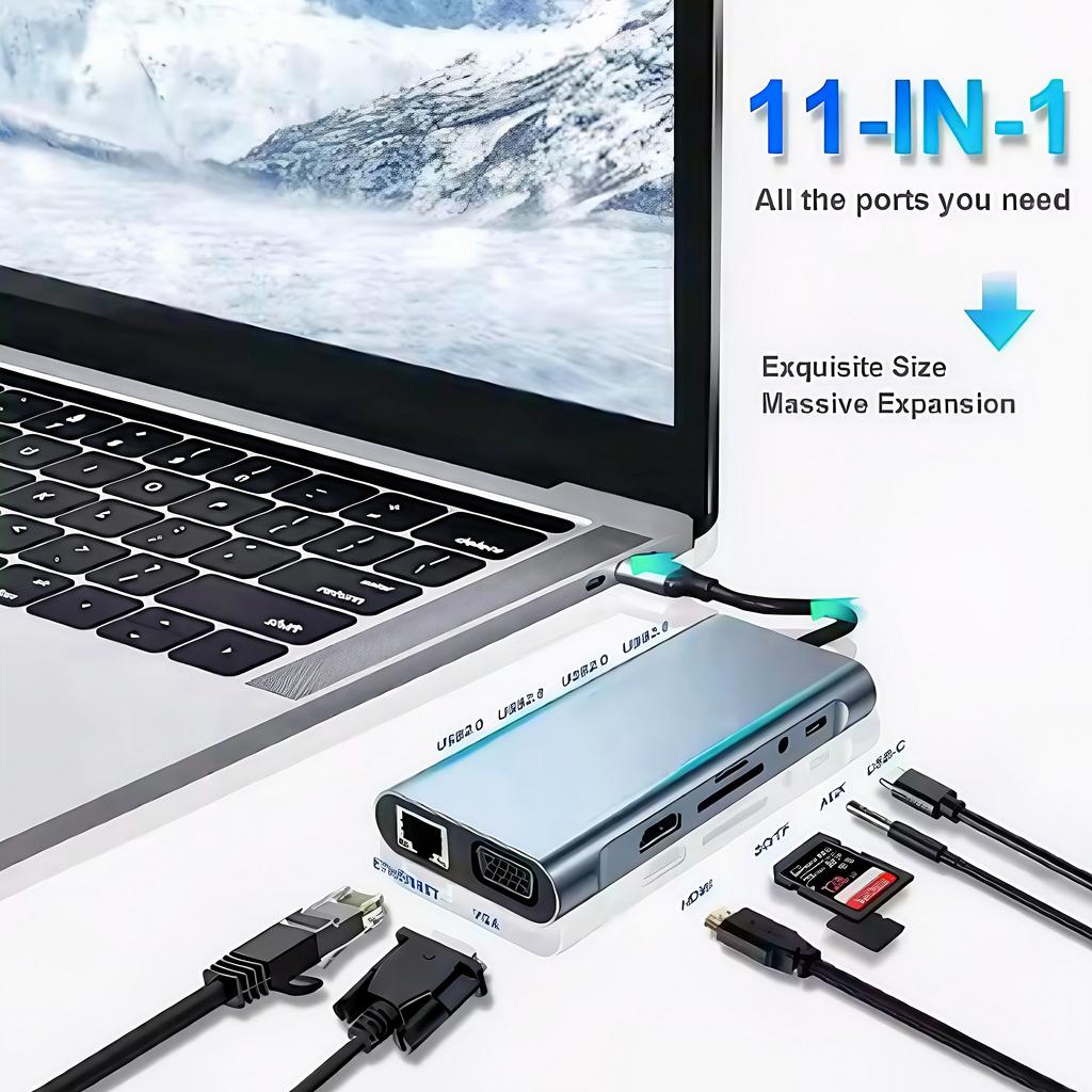 11-in-1 USB3.0 for HDMI Hub with Fast Charge USB-C RJ45 100M SD TF AUDIO3.5mm 4K VGA for 11 1 Hub
