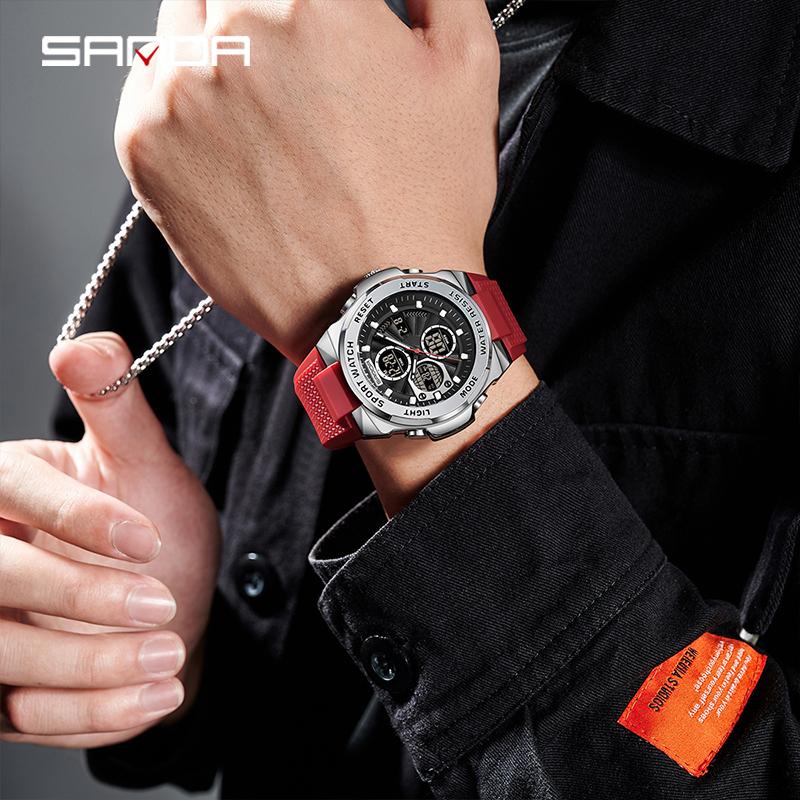 SANDA New Luxury Sport Mens Watch Dual Display Waterproof LED Luminous Digital Chronograph Quartz Man Watches Relogio Masculino