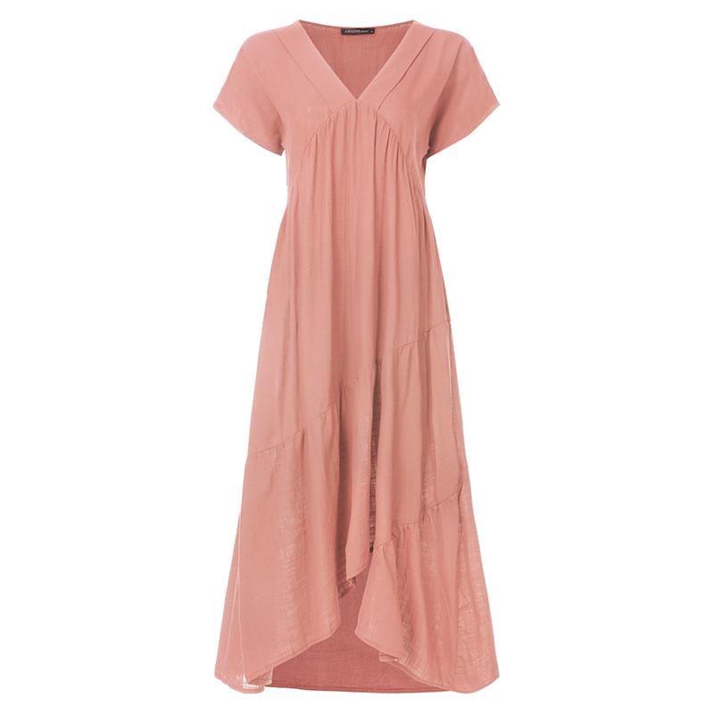 ZANZEA Dame V-hals Kortermet Baggy Ruffled Sundress Løs sommerstrandkjole
