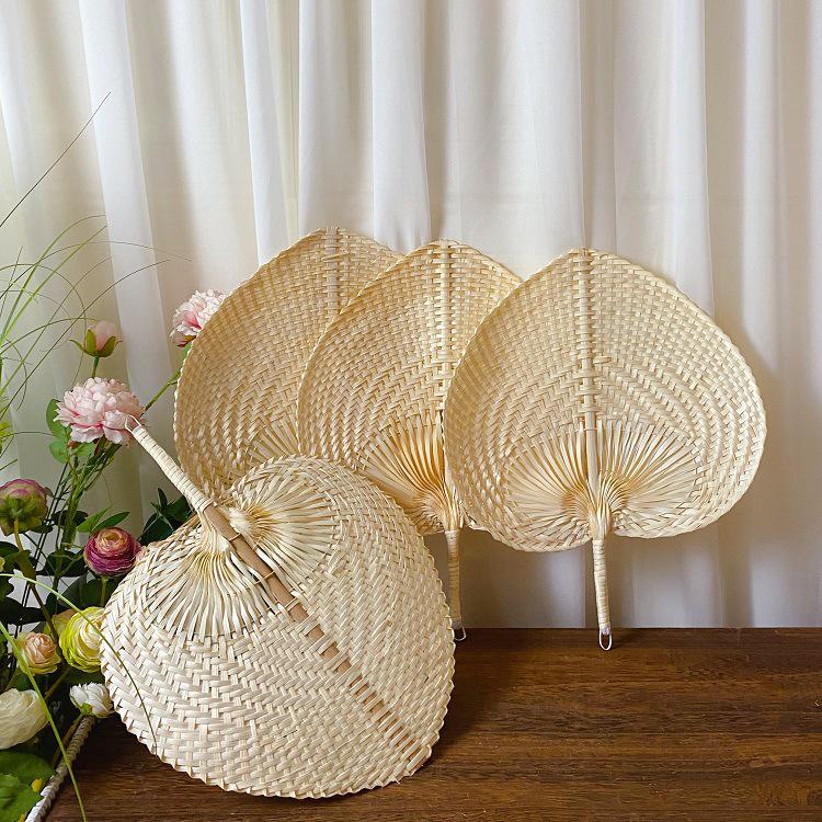 Peach-Shaped Bamboo Woven Summer Fan, Vietnamese Artistic Cattail Hand-Crank Fan