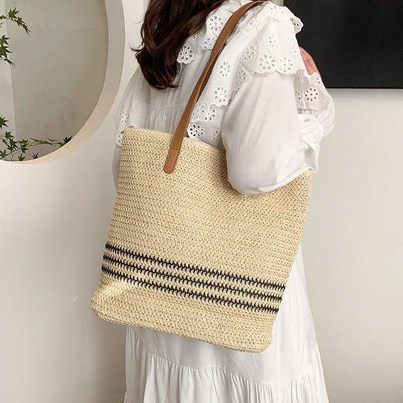 Bag spring new ins contrast stripe woven large capacity women's tote bag commuter shoulder bag beach bag