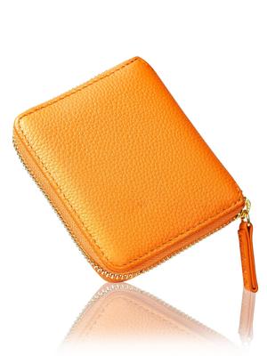 Bifold Geldbörse Mini Geldbörse Kompakt Rund Reißverschluss Echtes Leder [Mura] Damen (Orange)