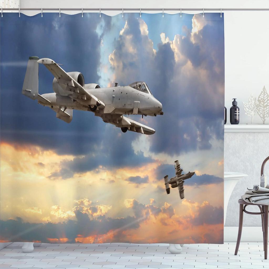 Flughafen Duschvorhang,Aviation-Thema Illustration von geparkten Flugzeugen auf Flugfeld gelandet,Polyesterstoff Badezimmer Vorhang Set