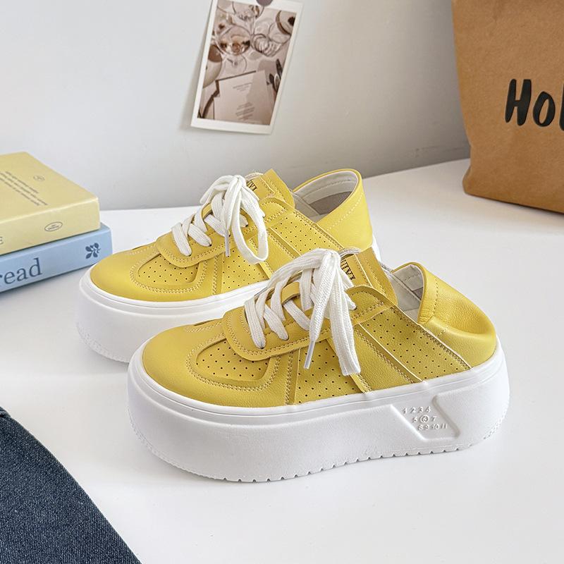 

Женские кроссовки с круглым носком, из мягкой кожи, на толстой подошве, на шнуровке, спортивные, повседневные, двойной носки, желтые, трендовые летние балетки 40 жёлтый