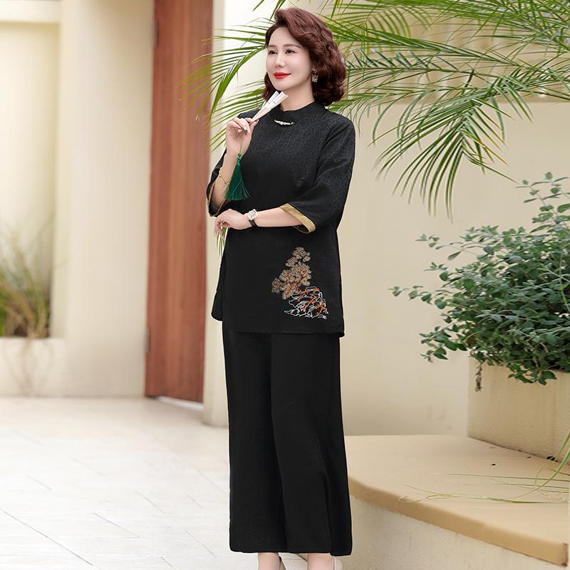 

Летний стиль мамы: Модный комплект с шелковистым эффектом Сянъюньша - Брюки палаццо-кюлоты Двойка для женщин среднего и пожилого возраста 5XL, 145-155 kg