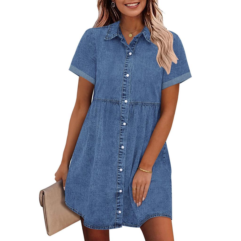 Women's Short-sleeved Button-down Shirt Denim Dress