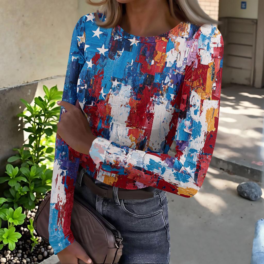 Women's Casual Fashion Round Neck Independence Day Print Long Sleeve Ribbed Top