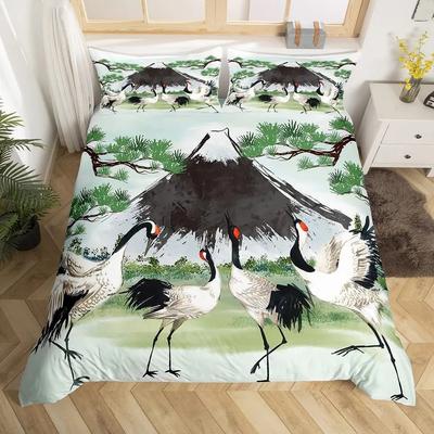 Japanisches Fuji Berg Bettbezug Set Kran Bettwäsche Set Aquarell Natur Baumzweige Bettdeckenbezug Traditioneller Quiltbezug