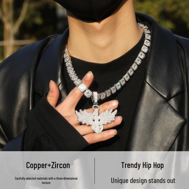 Trendy Hip Hop Men's Necklace: Big Wing Pendant with Copper and Zircon
