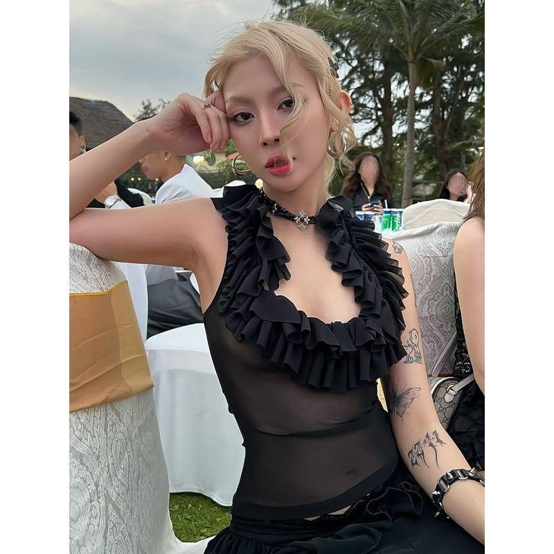 # Sisjuly# Niche Style Lazy Feeling Layered Wooden Ear Sexy All-Matching T-shirt Female Fashion Slim Looking Tops