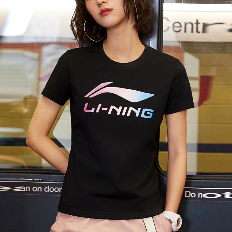 Li Ning Sports Fashion Series Large Logo Print Round Neck Pullover Short Sleeve T-Shirt Women T-Shirts Black AHSP302-2