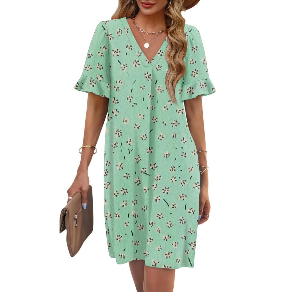 Women's Summer Floral Print Dress Pleated Short Sleeve V-Neck Pocket Casual Dress