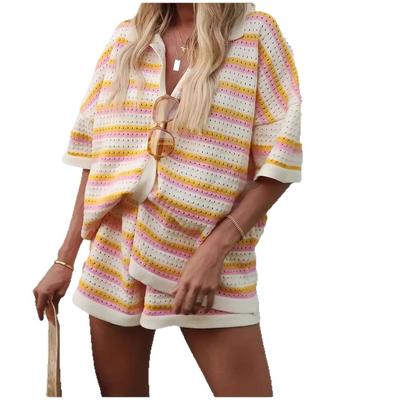 Stile Europeo 25 Primavera Estate Abbigliamento Donna Set Pantaloncini a Manica Corta a Righe